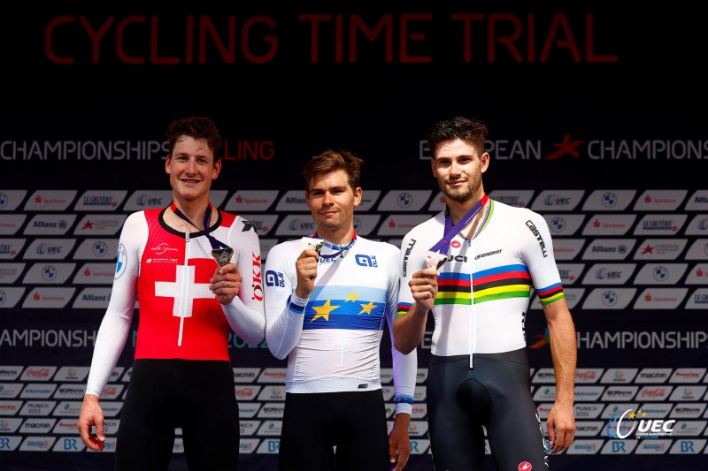 European Championships Munich 2022 - 2022 UEC Road Elite European Championships - Men's ITT - 17/08/2022 - Stefan Bissegger (SUI) - Stefan Kung (SUI) - Filippo Ganna (ITA) - photo Luca Bettini/UEC/SprintCyclingAgency?2022